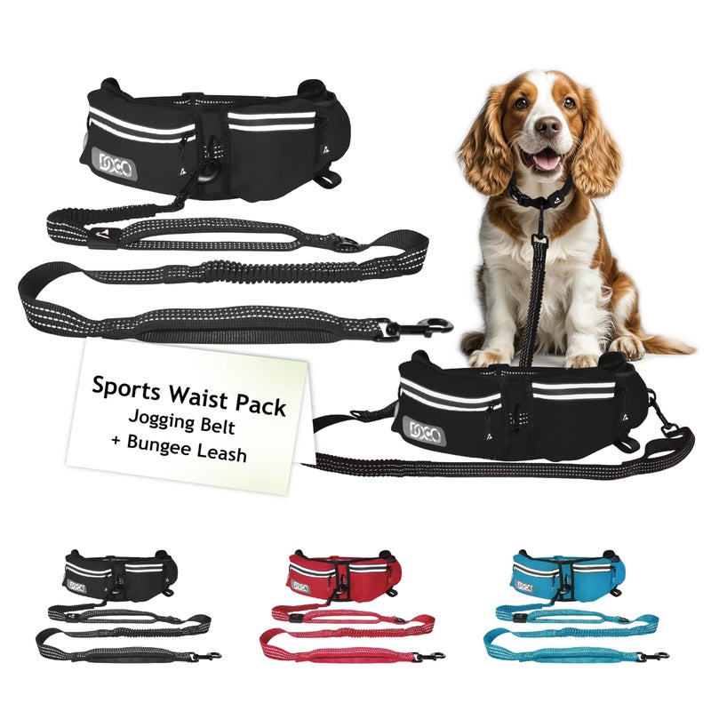 DOCO Hands Free Dog Leash (Waist 26â€- 48â€, Leash- 1â€x 5ft) Waist Belt for Walking, Running, Training & Hiking, Bungee with Dual Handles, Adjustable Fit, Reflective Safety Design for Large Dogs (Black) - Image 1